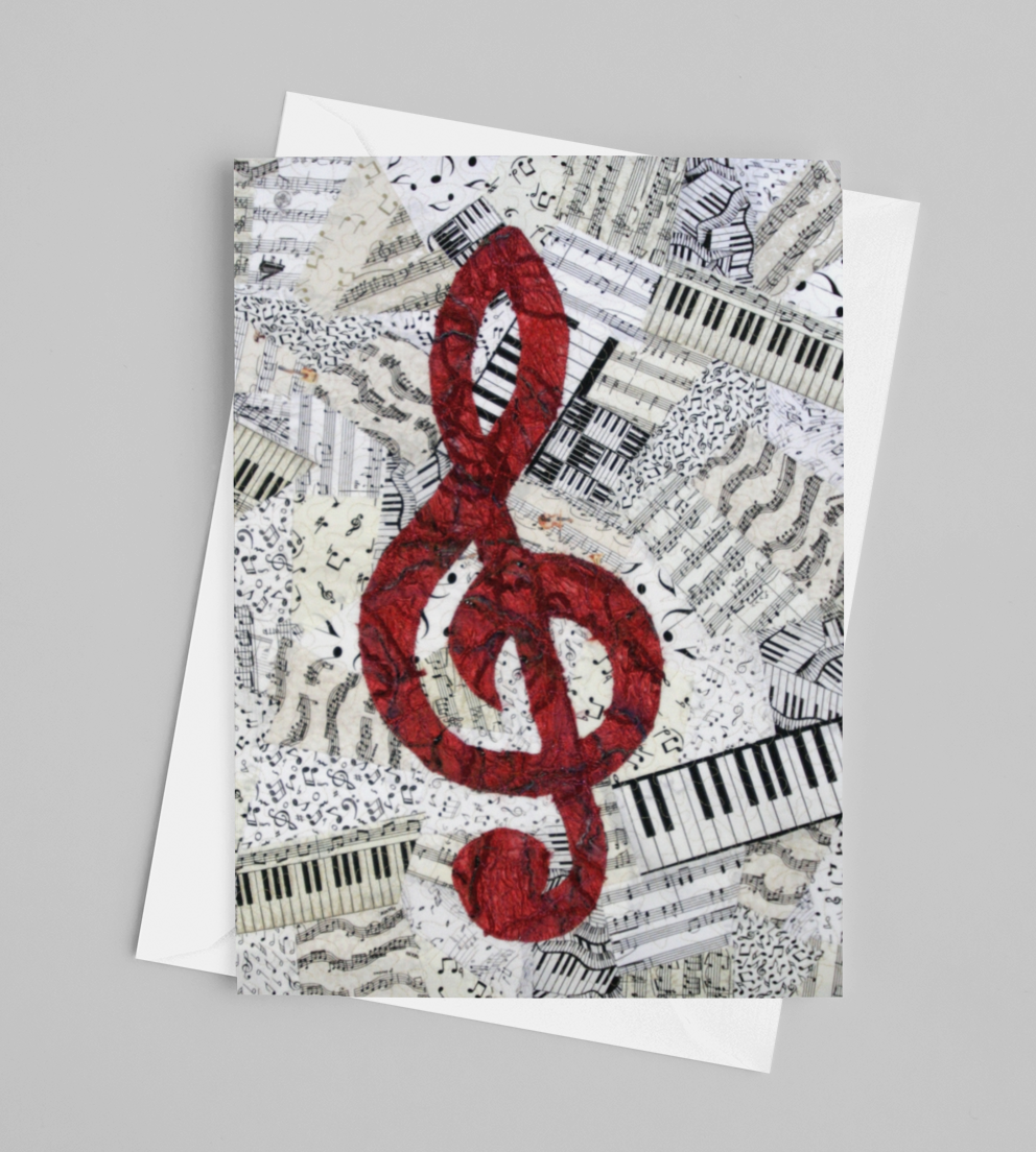 Red Treble Clef/Music Greeting Card - blank inside with envelope