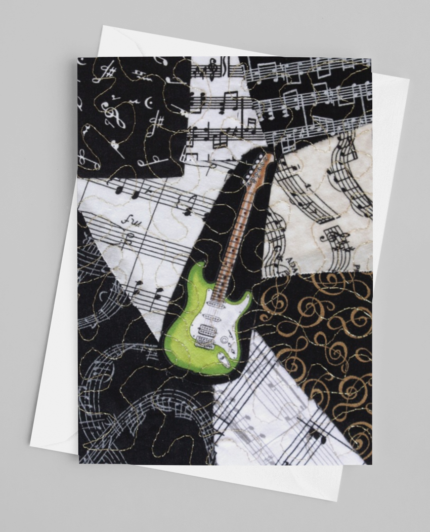 Green Electric Guitar/Music Greeting Card - blank inside with envelope