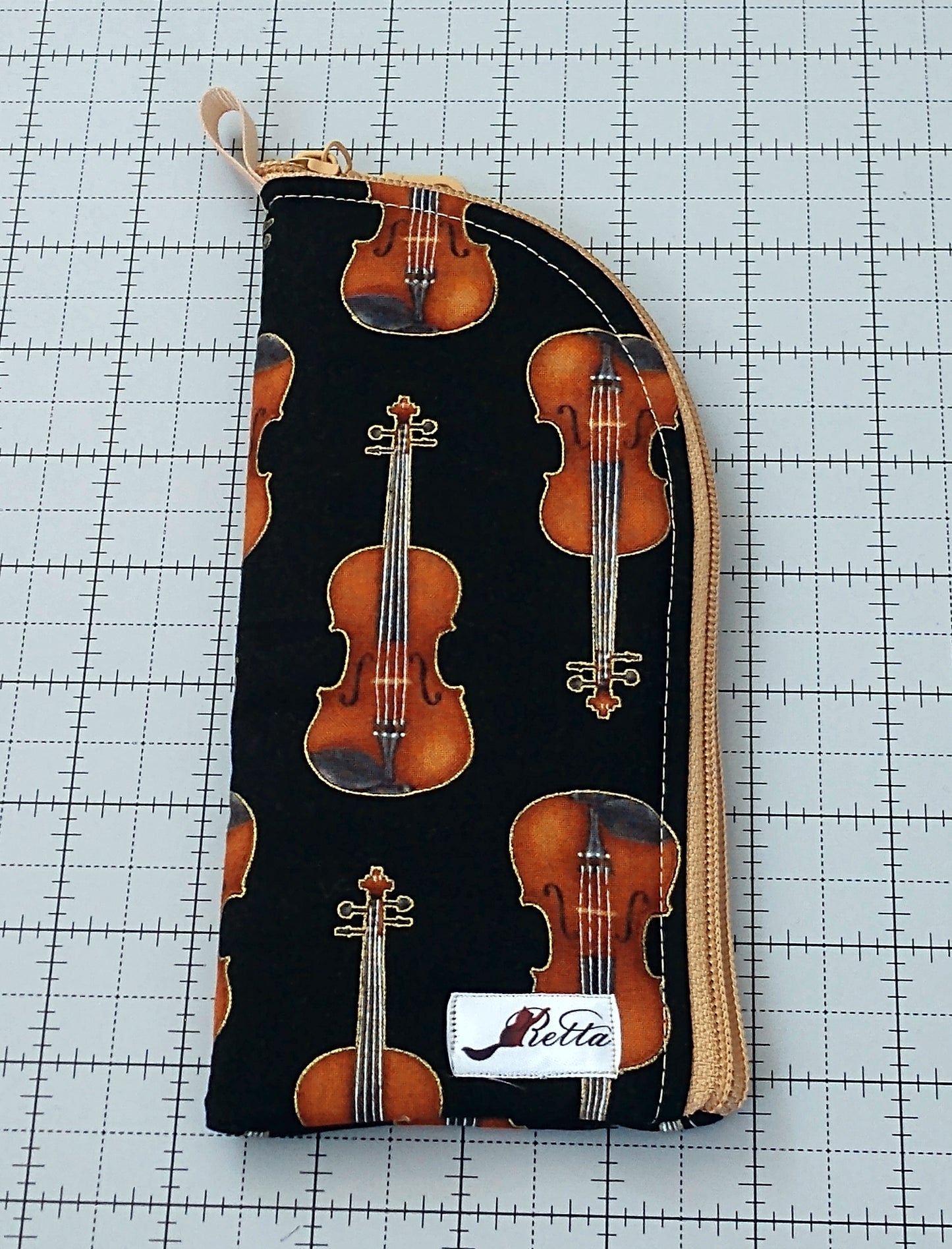 Music Themed Soft Eyeglass Case w/ Side Zipper -Violins on Black