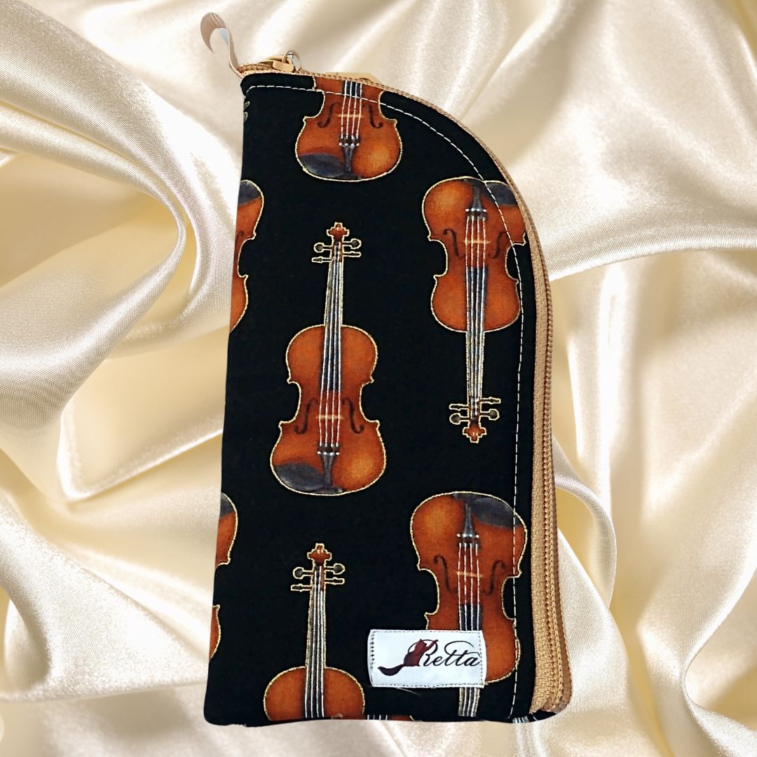 Music Themed Soft Eyeglass Case w/ Side Zipper -Violins on Black