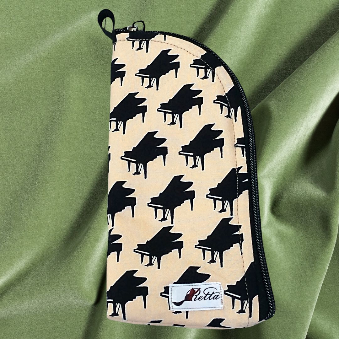 Music Themed Soft Eyeglass Case w/ Side Zipper - Black Grand Pianos on tan