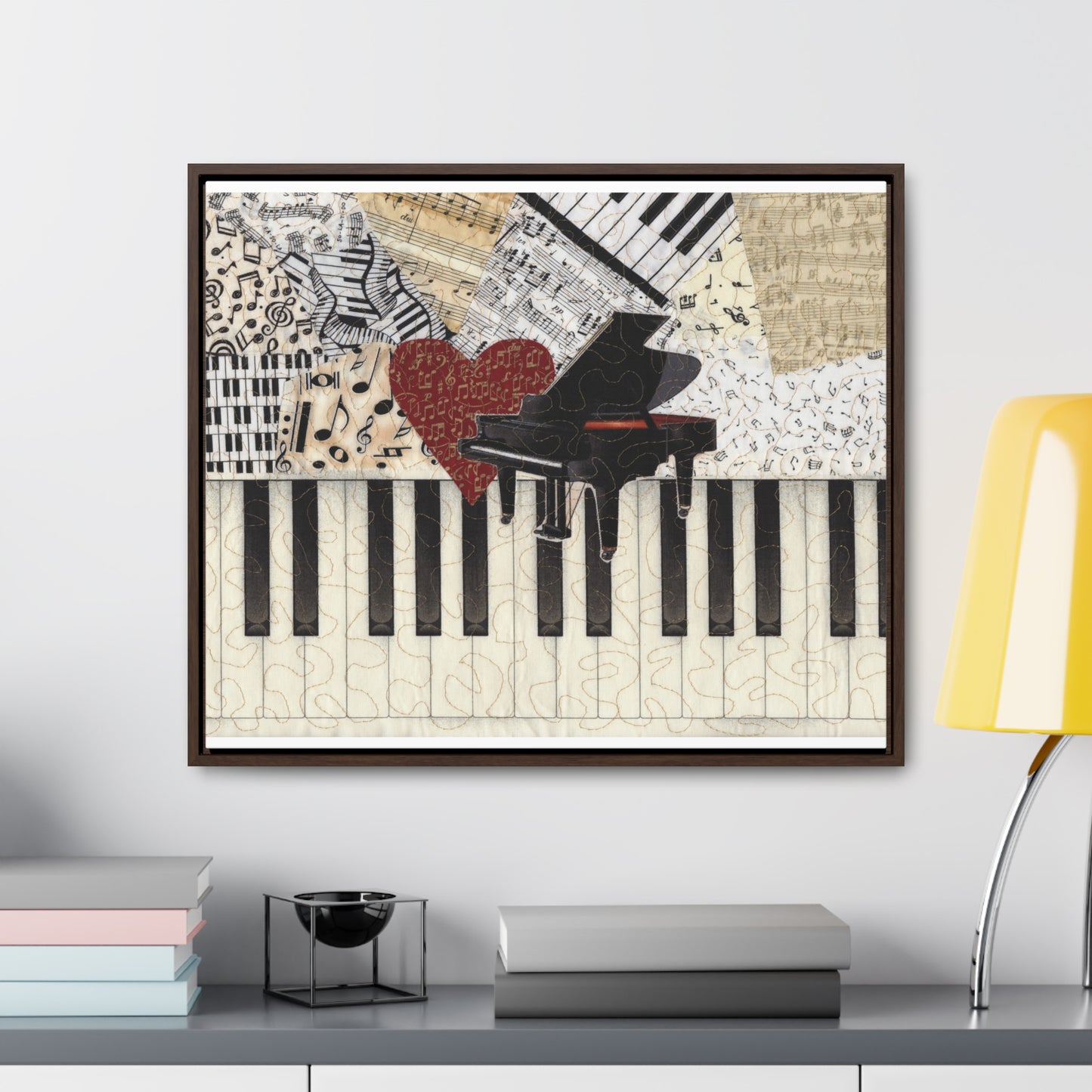 Black Grand Piano with Heart Horizontal Framed Premium Gallery Wrap Canvas