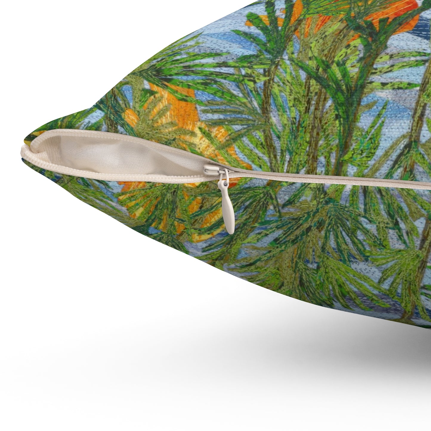 Square Pillow - California Poppies Fiber Art Thread Painting