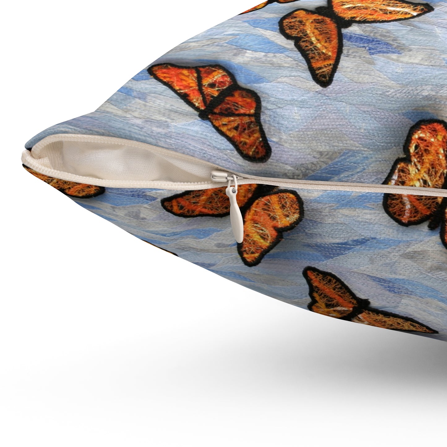 Square Pillow - Fiber Art Fabric Butterflies on a Blue Sky Background