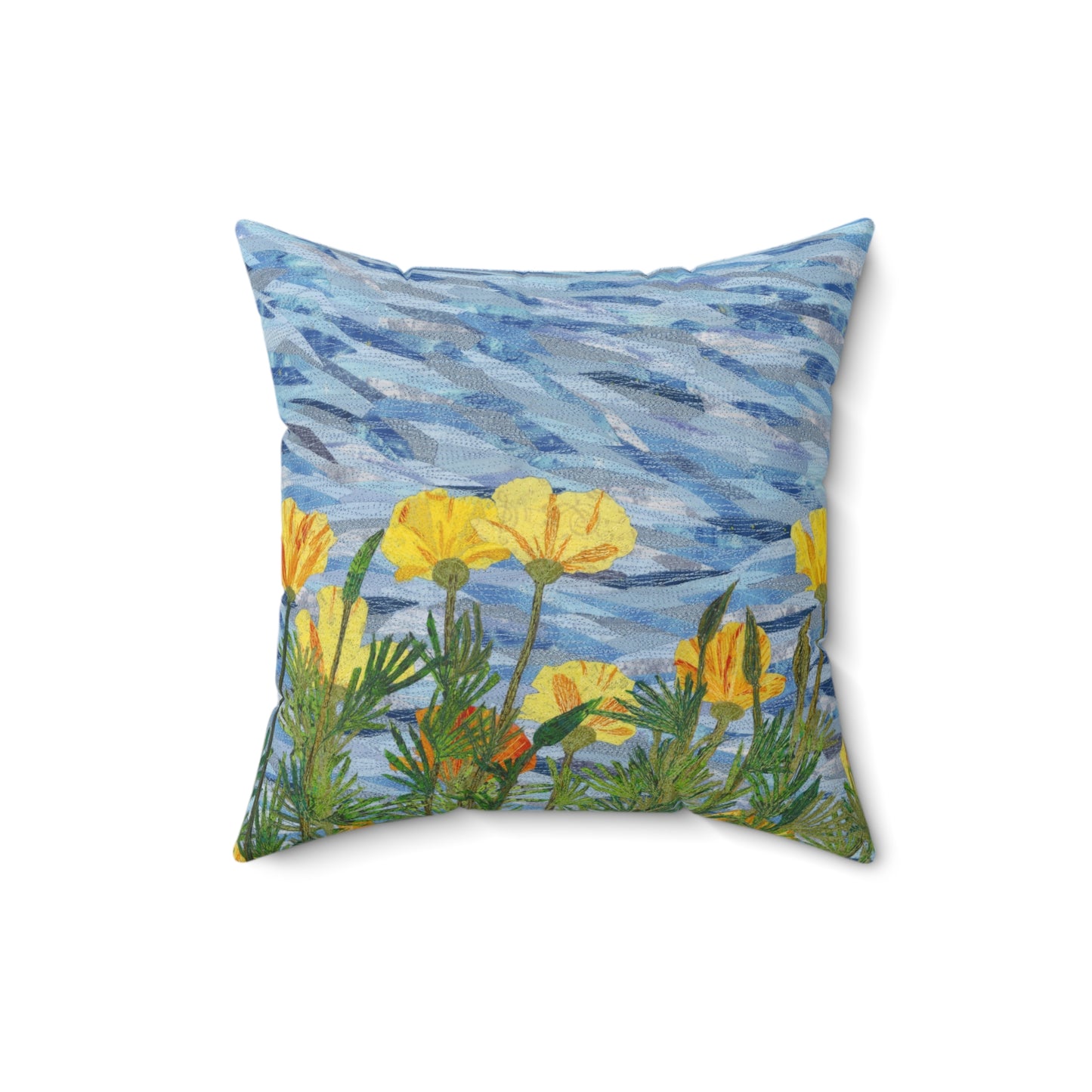 Square Pillow - California Poppies Fiber Art Thread Painting