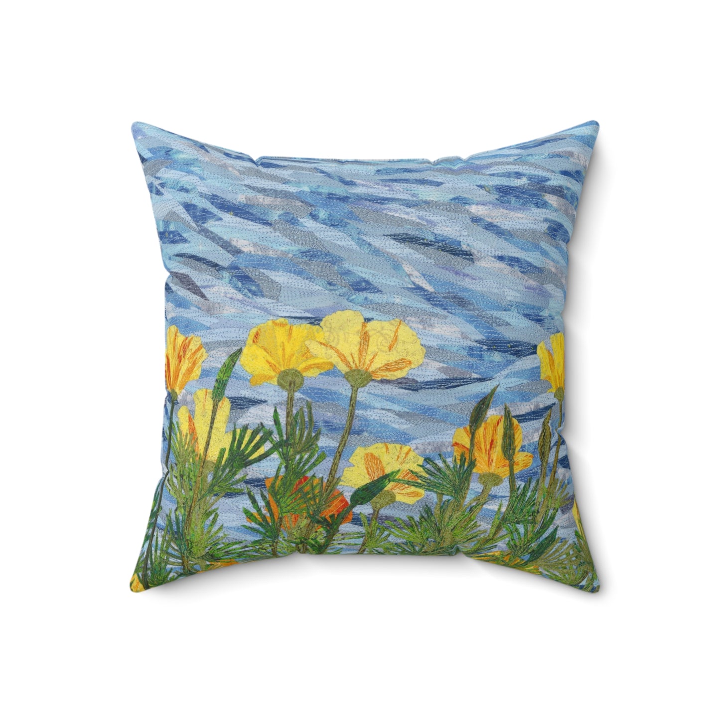 Square Pillow - California Poppies Fiber Art Thread Painting
