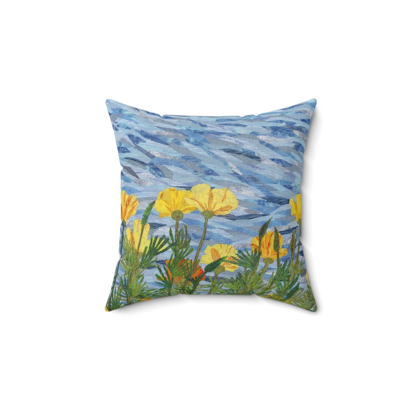 Square Pillow - California Poppies Fiber Art Thread Painting