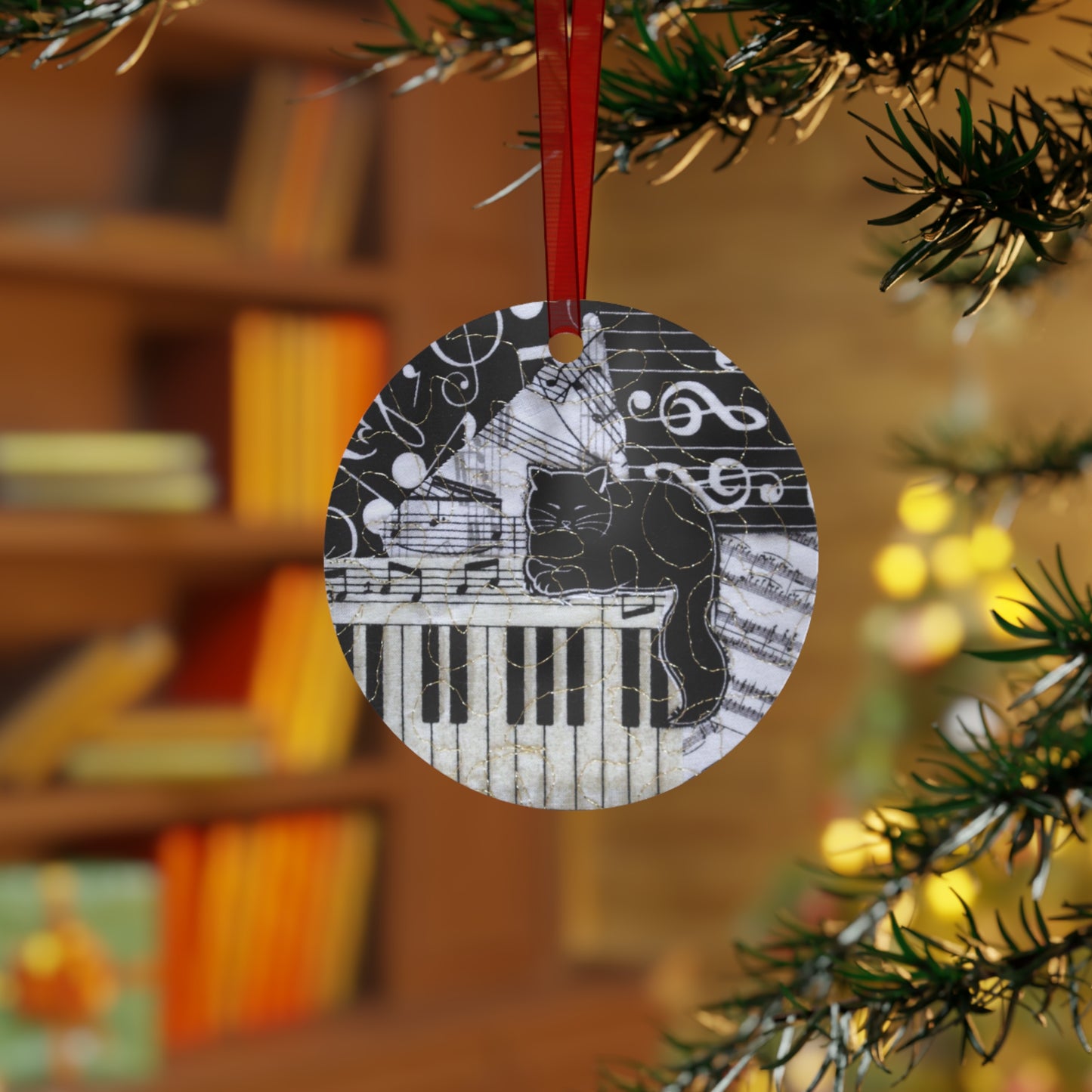 Music Ornament - Black Cat on a keyboard with music notes/music gift