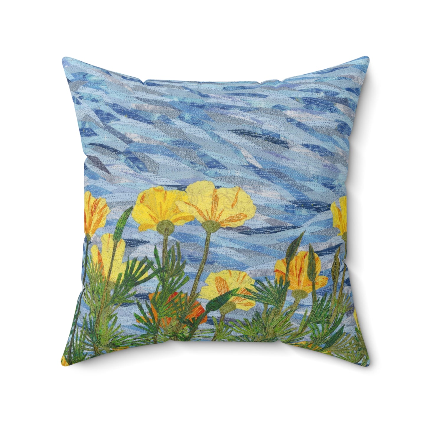 Square Pillow - California Poppies Fiber Art Thread Painting