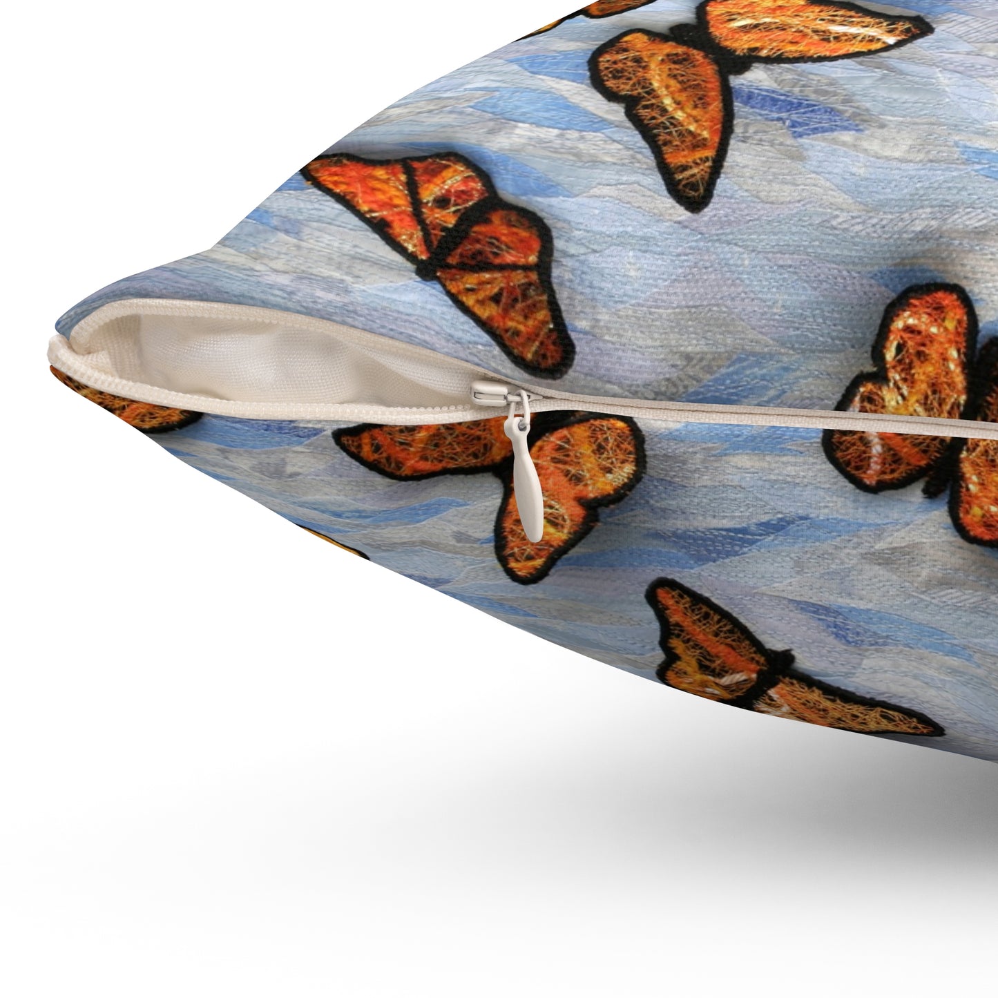 Square Pillow - Fiber Art Fabric Butterflies on a Blue Sky Background