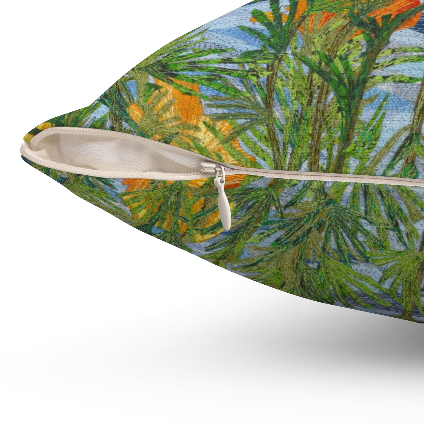 Square Pillow - California Poppies Fiber Art Thread Painting