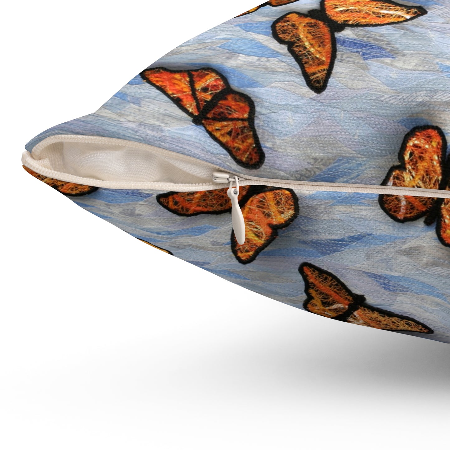 Square Pillow - Fiber Art Fabric Butterflies on a Blue Sky Background