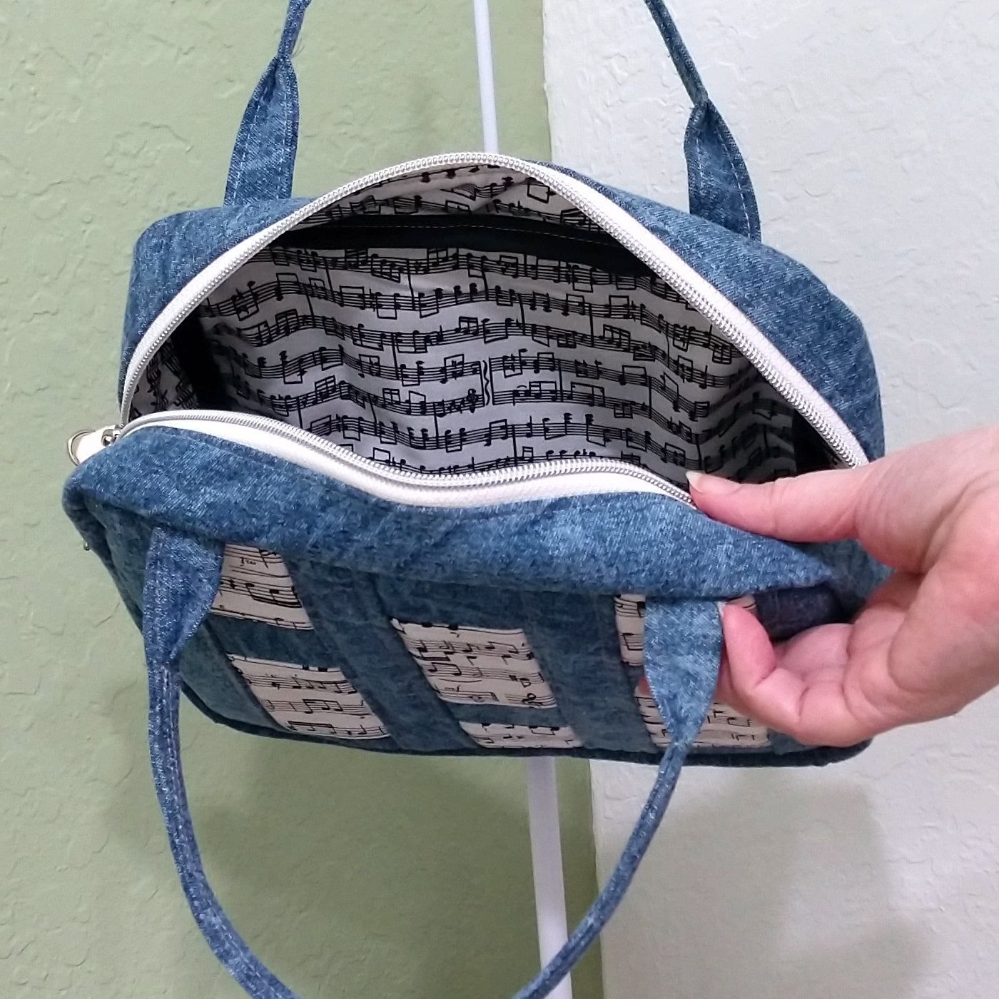 Denim with Black and White Music Notes Handbag