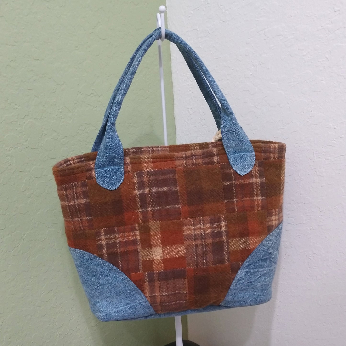 Wool Plaid with Denim Large Handbag