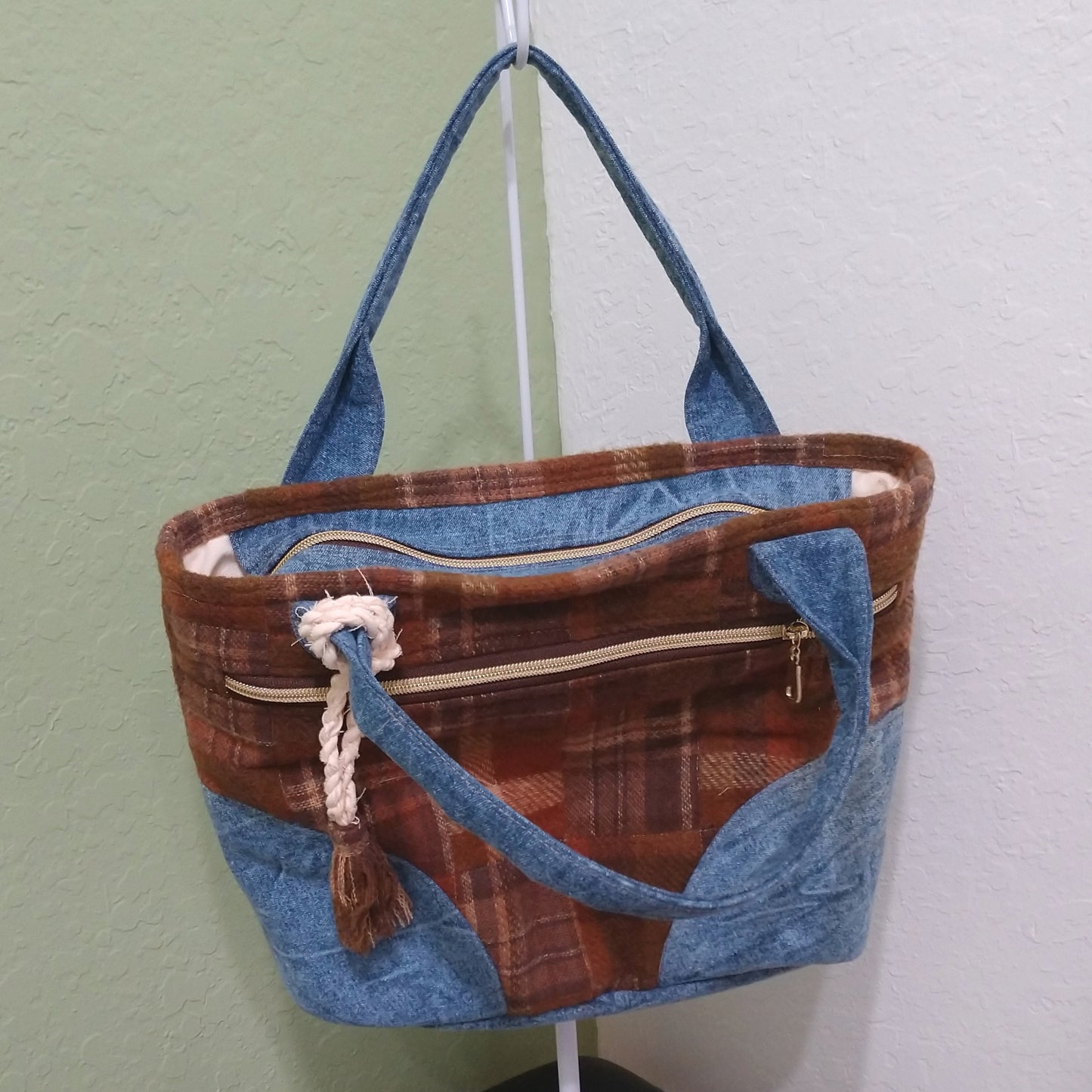 Wool Plaid with Denim Large Handbag