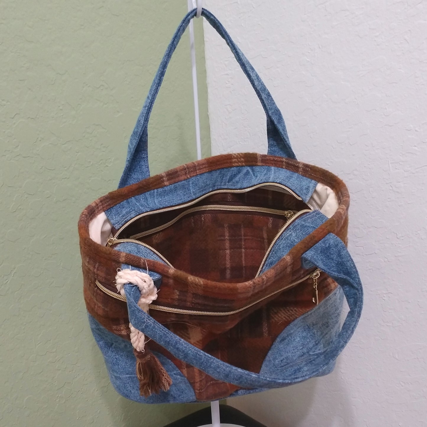 Wool Plaid with Denim Large Handbag