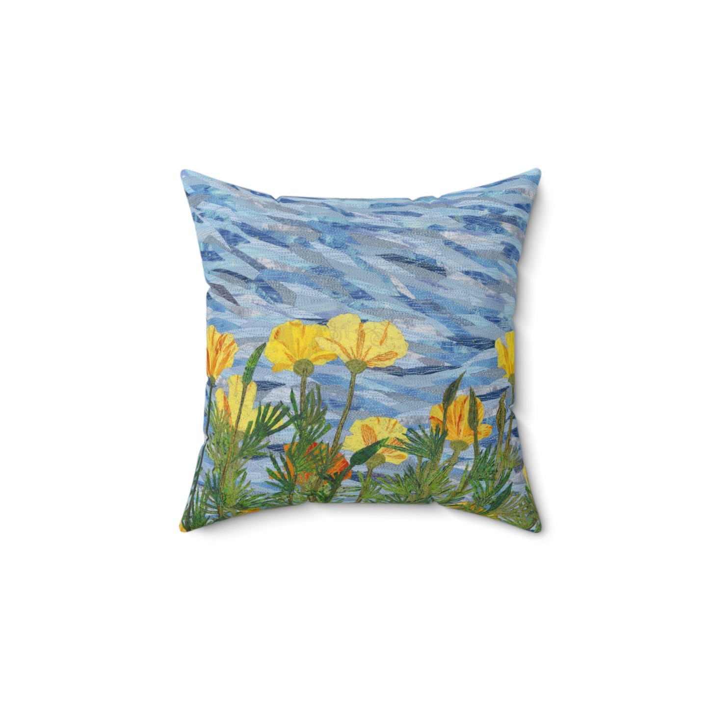 Square Pillow - California Poppies Fiber Art Thread Painting