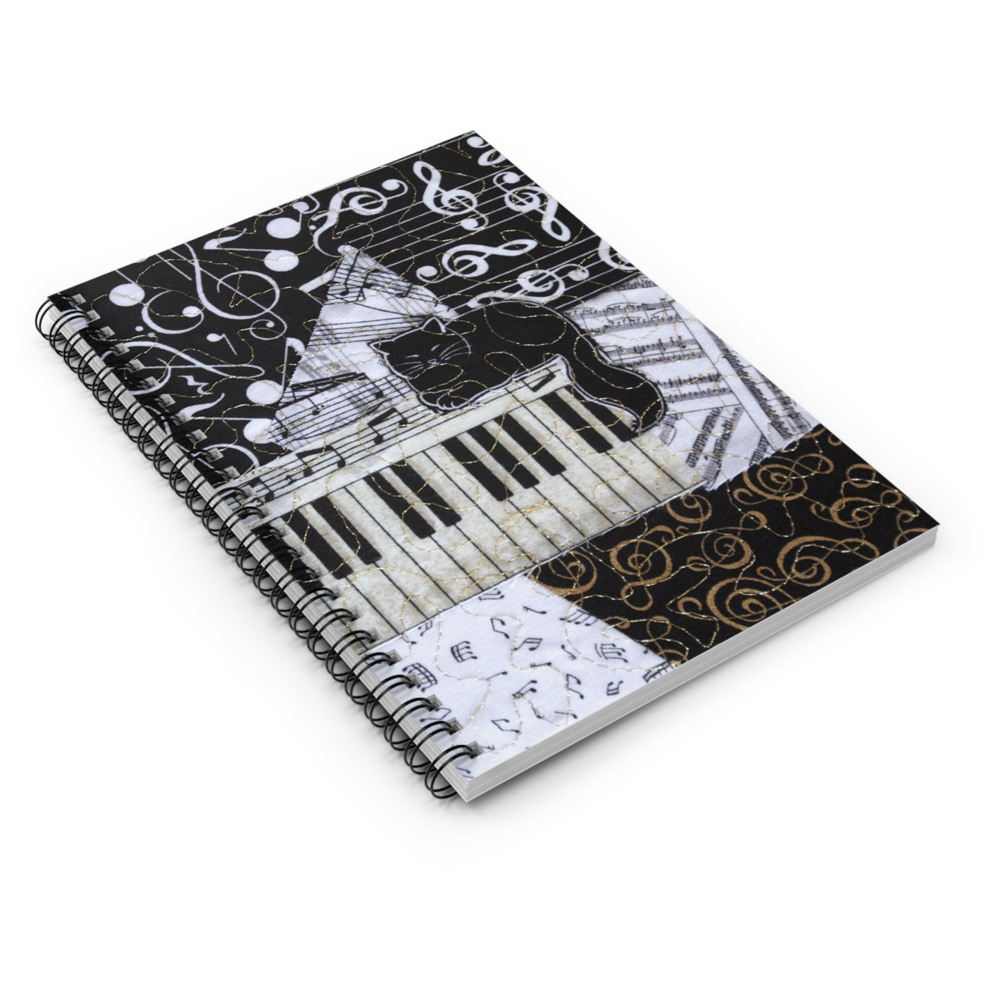 Spiral Notebook - Music Collage with Black Cat on a Keyboard Design