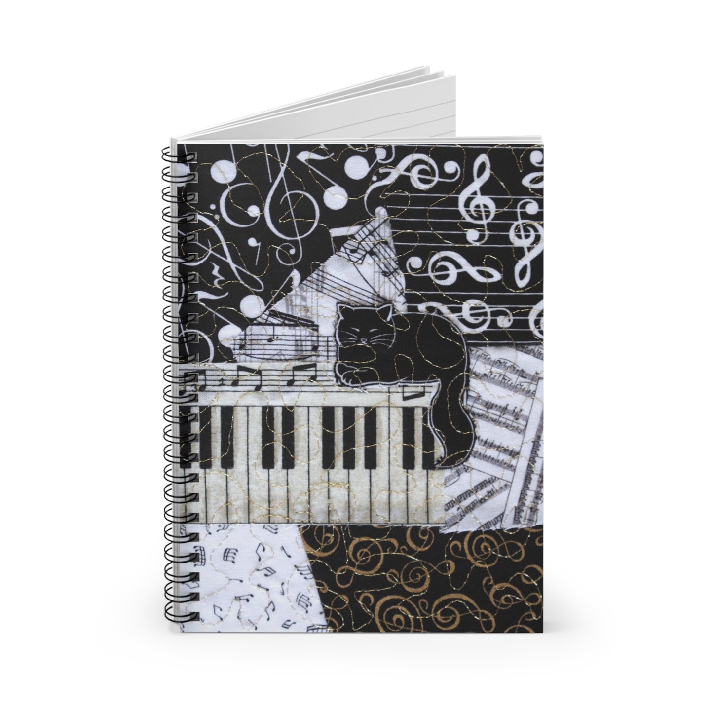 Spiral Notebook - Music Collage with Black Cat on a Keyboard Design