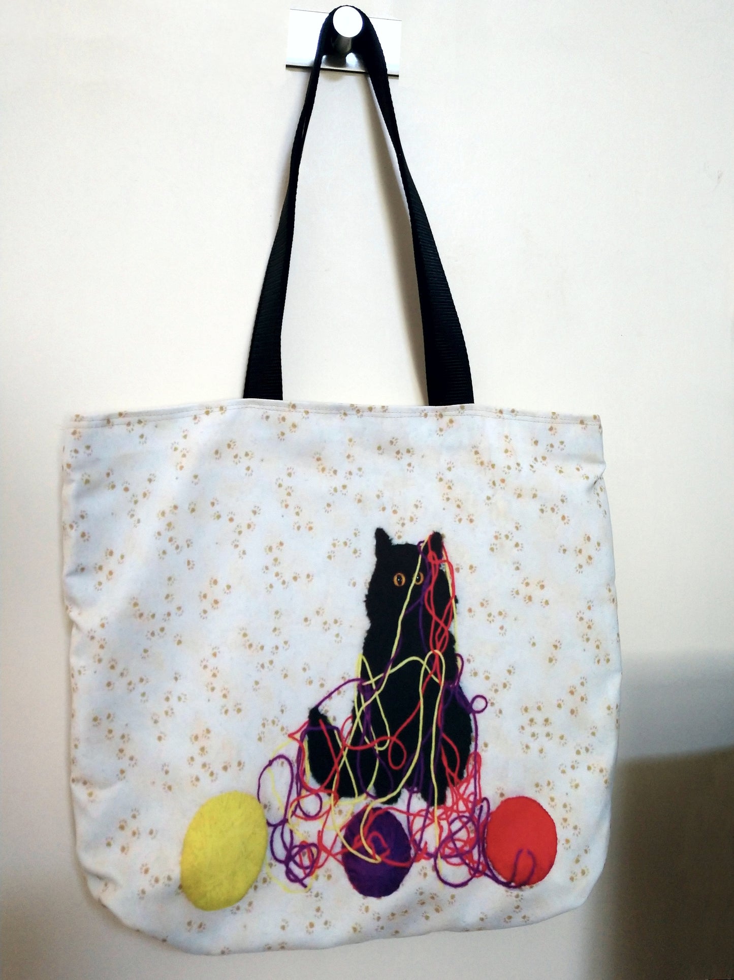 Black Cat with Yarn Reversible Tote Bag