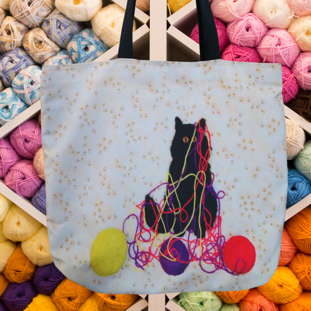 Black Cat with Yarn Reversible Tote Bag