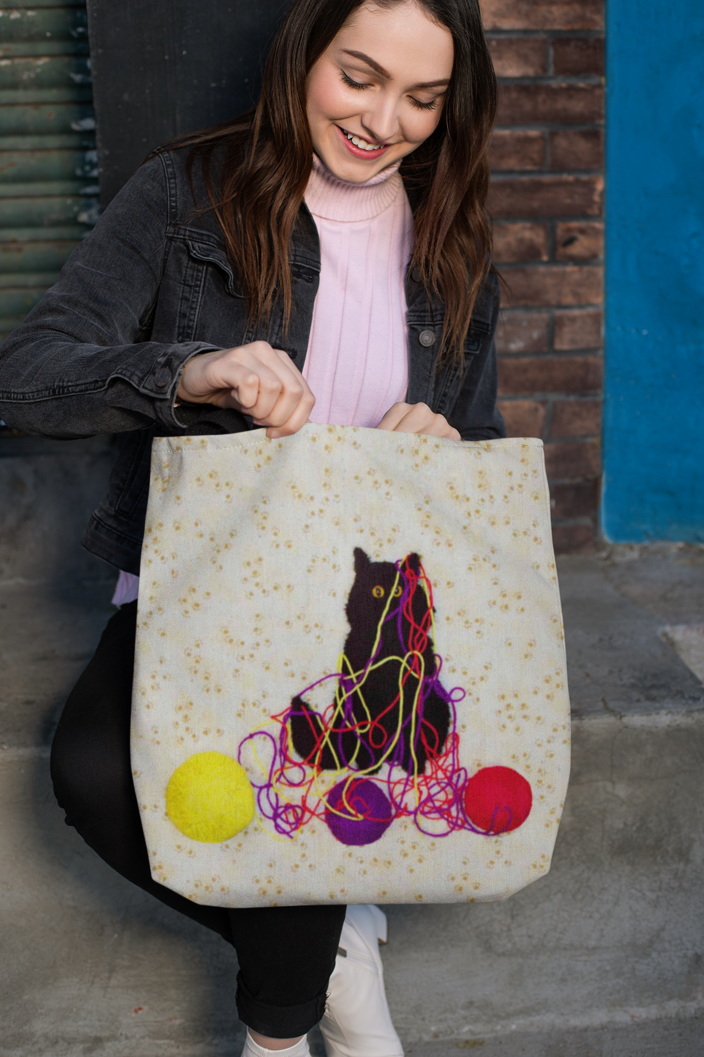 Black Cat with Yarn Reversible Tote Bag
