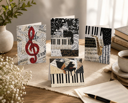 Four music greeting cards - reproductions of fiber art by Loretta Alvarado