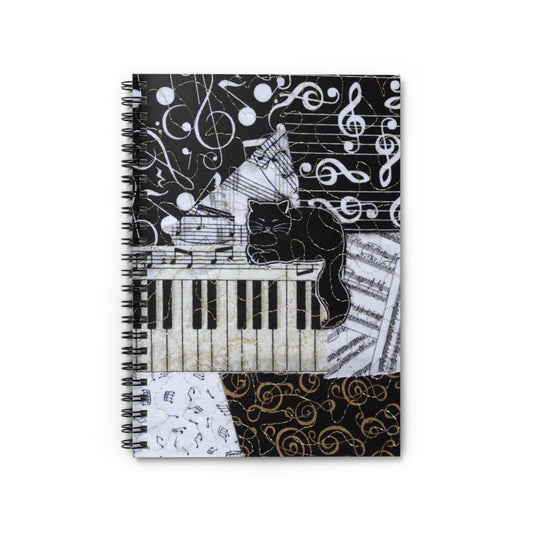 Spiral Notebook - Music Collage with Black Cat on a Keyboard Design