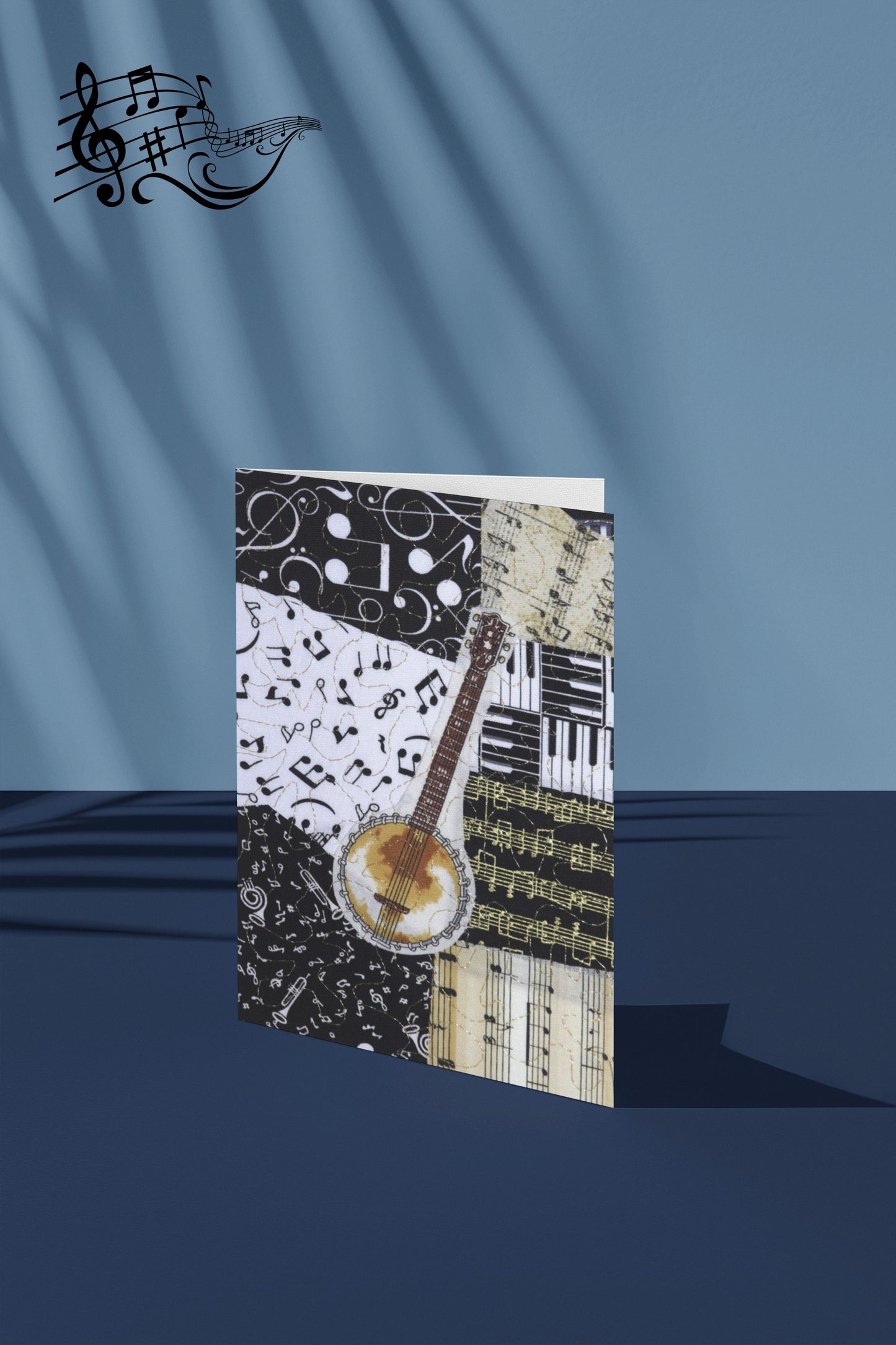 Greeting card with music-themed banjo  design on a blue background