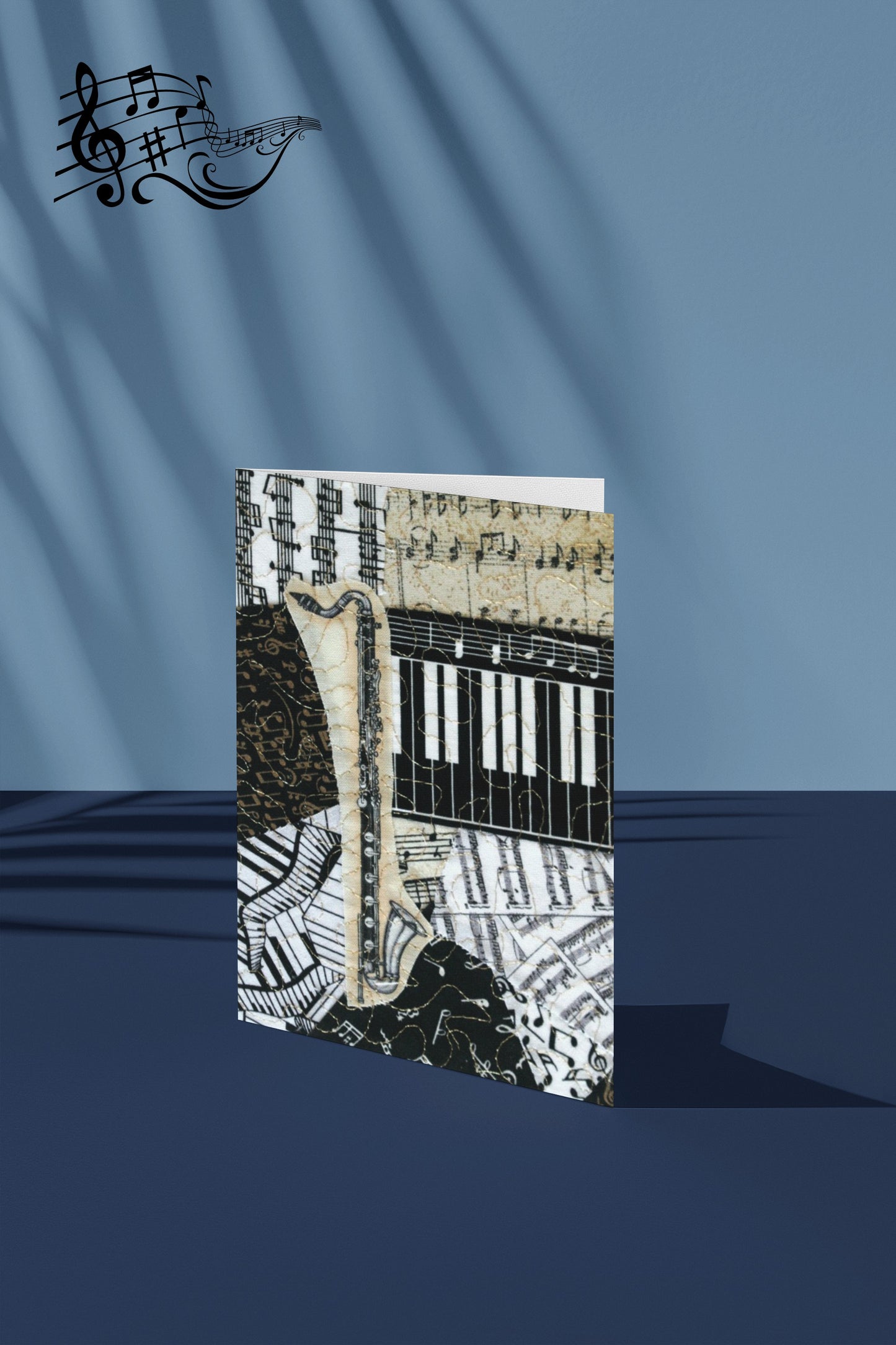 Greeting with bass clarinet musical design on a blue background