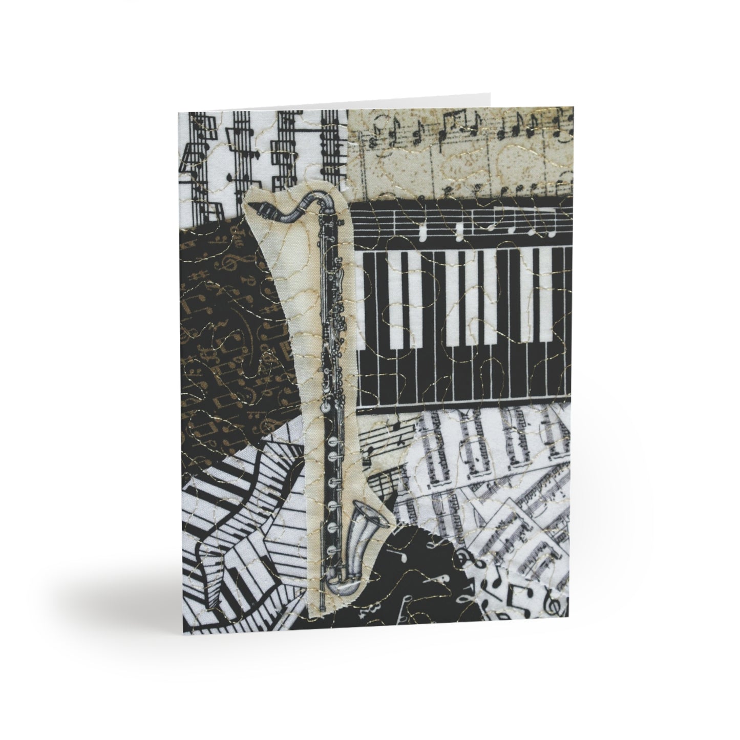 Greeting card with bass clarinet music-themed design featuring keyboard and sheet music on a white background