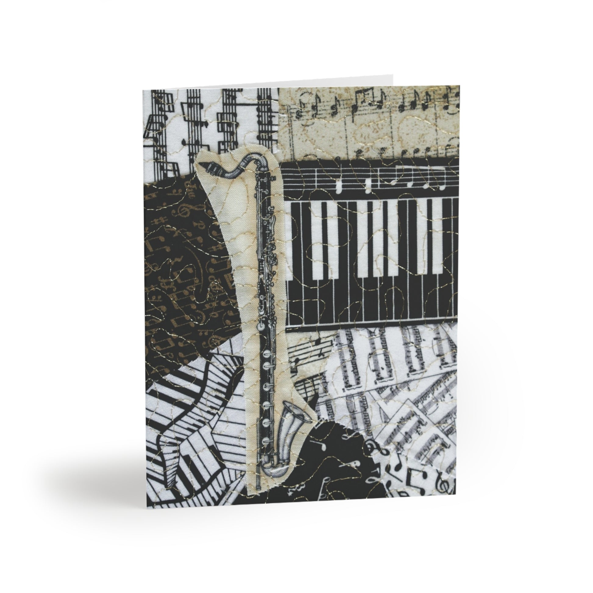 Greeting card with bass clarinet music-themed design featuring keyboard and sheet music on a white background