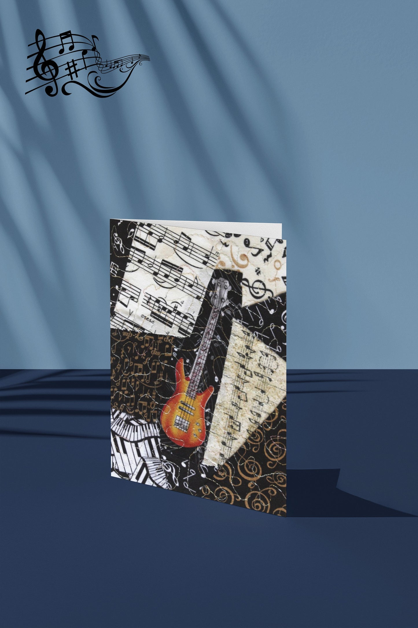 Greeting card with bass guitar music-themed design on a blue background