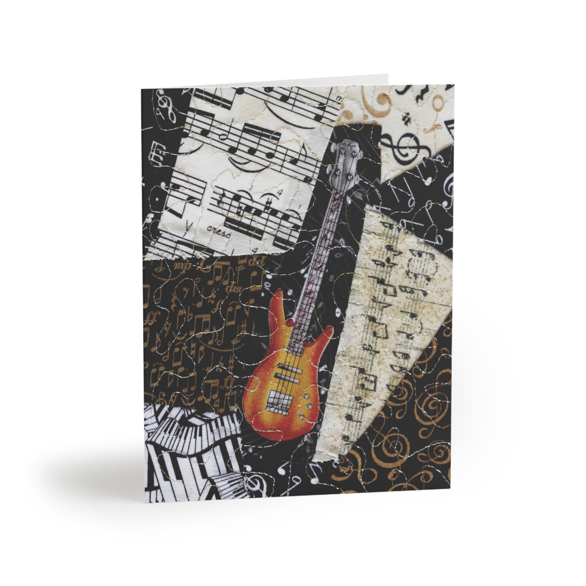 Greeting card with bass guitar and music notes design on a white background