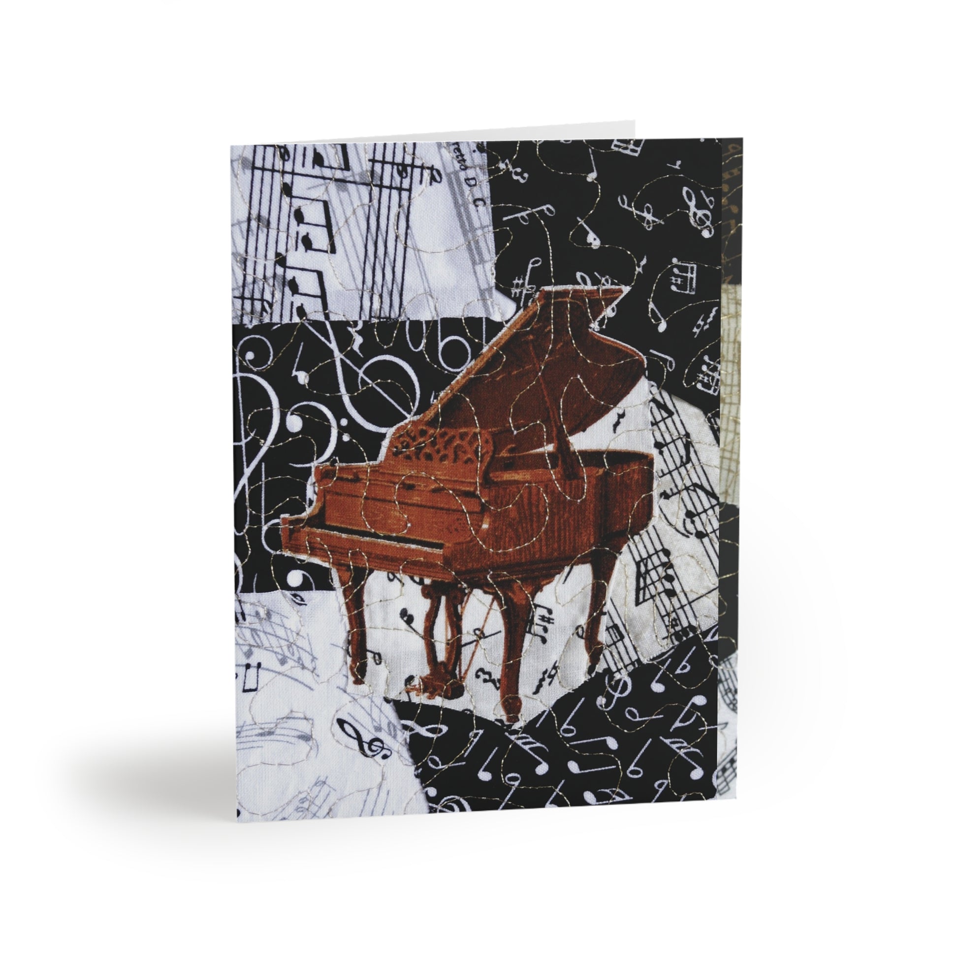 Greeting card with a brown grand piano design on a black and white musical note background