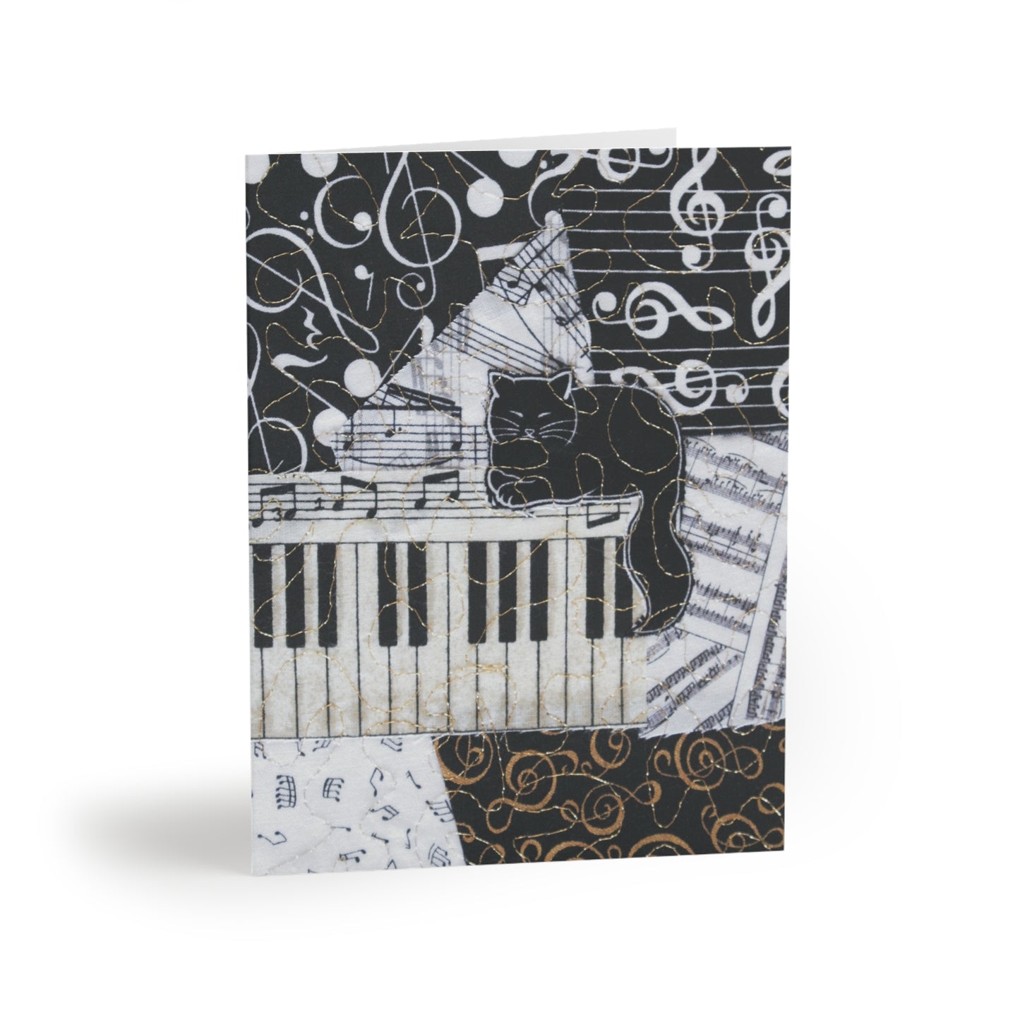 Greeting card with a black cat on a piano design on a white background