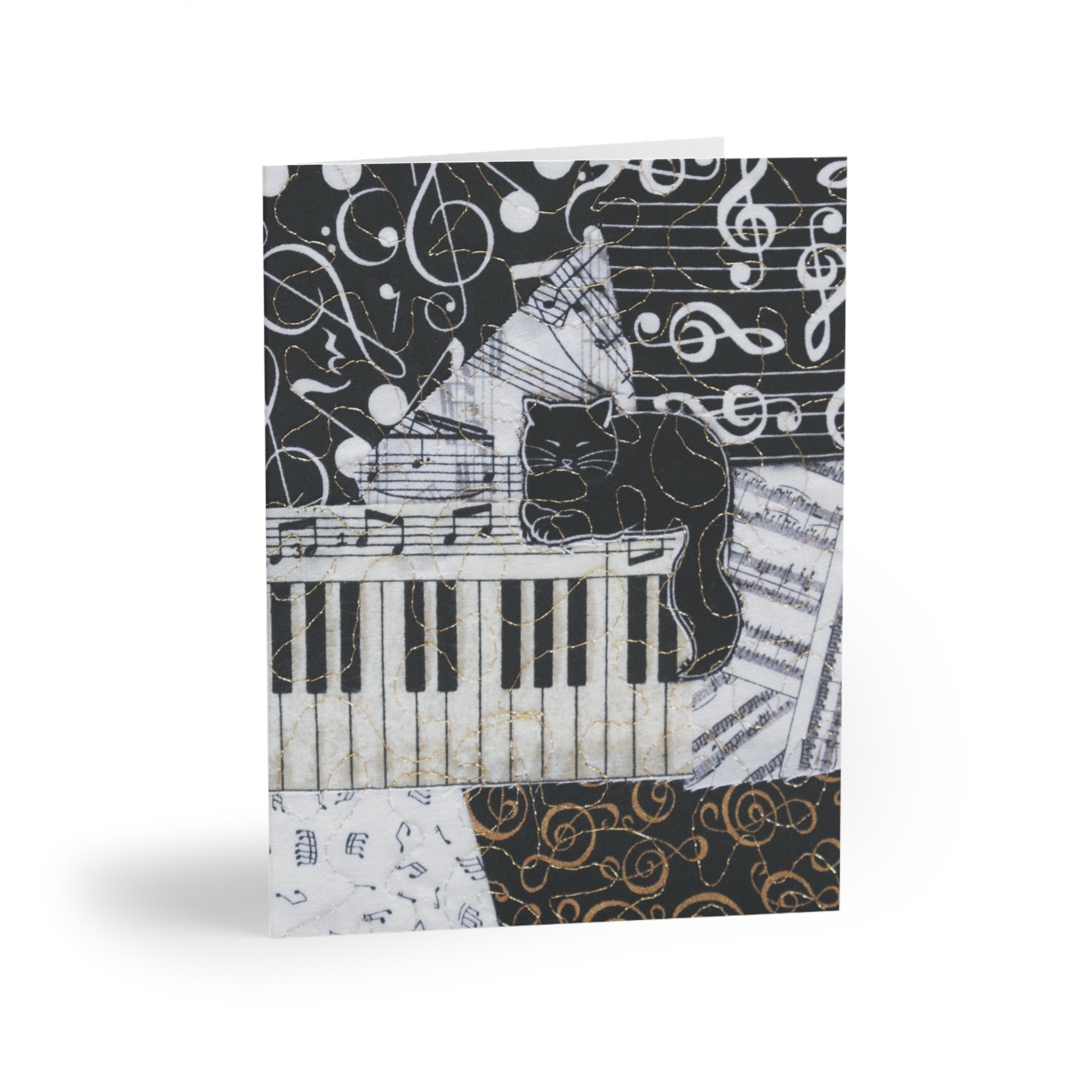Greeting card with a black cat on a piano design on a white background