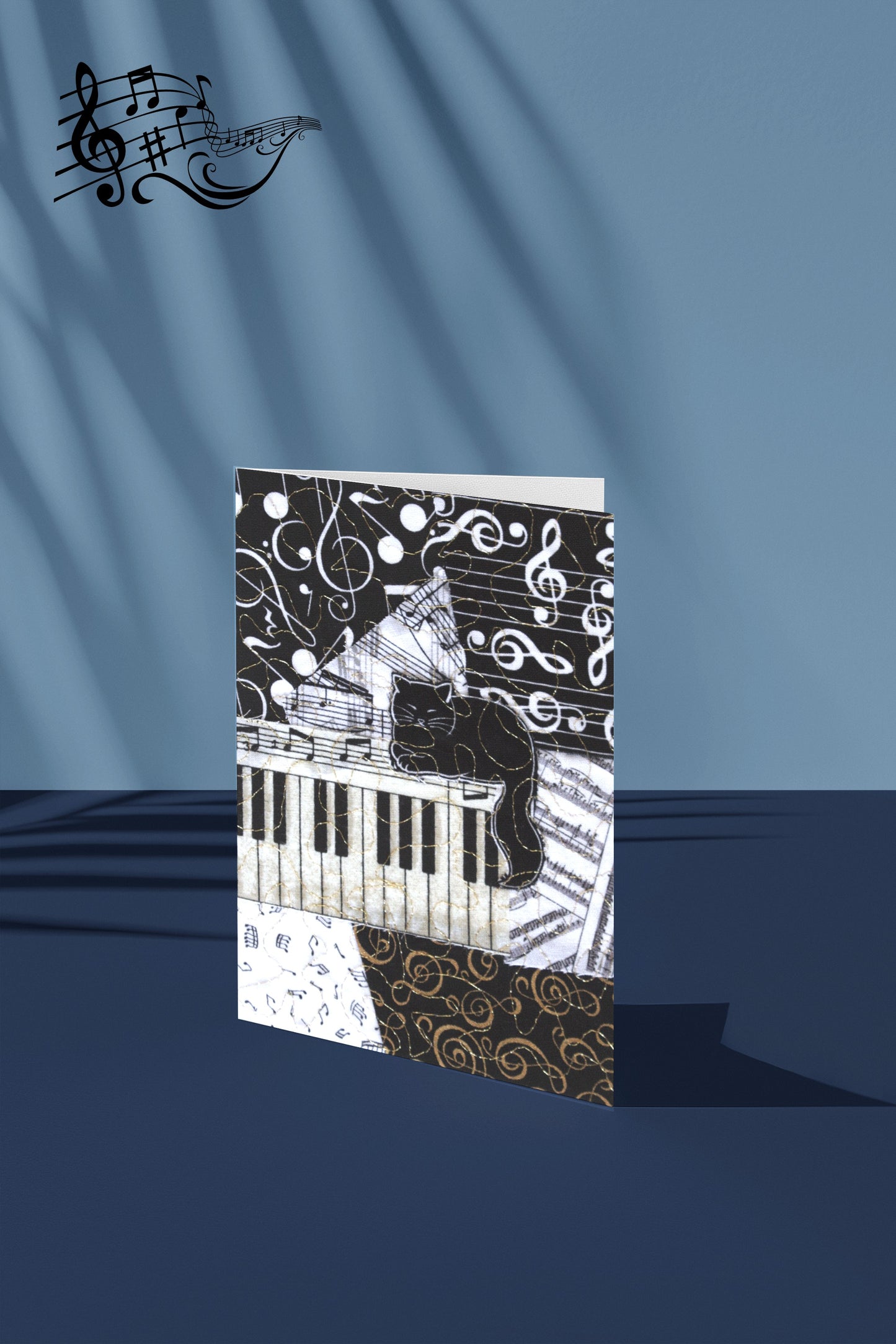 Greeting card with a black cat sitting on a keyboard musical design