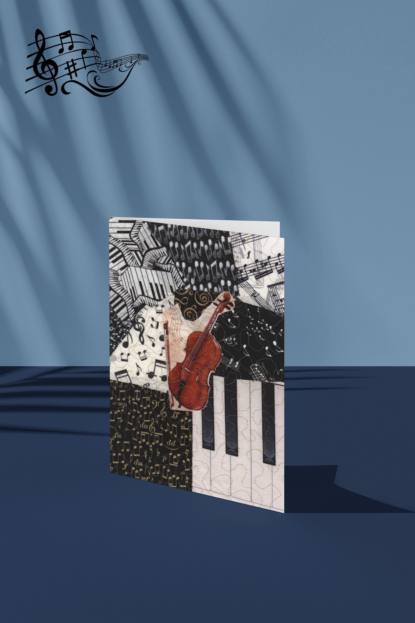 Greeting card with a design of a cello and piano keys