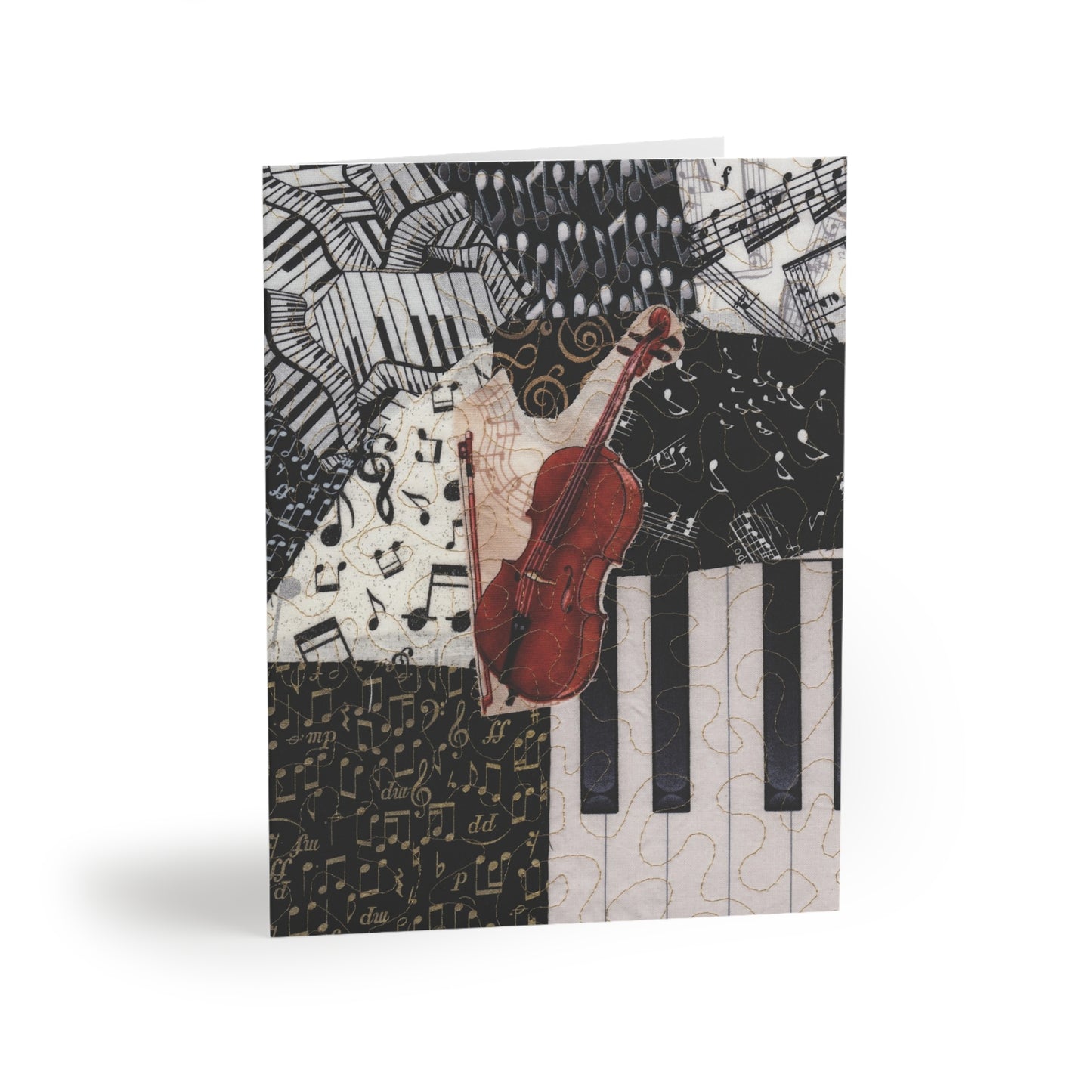 Greeting card with a cello, piano keys, and musical notes design on a white background