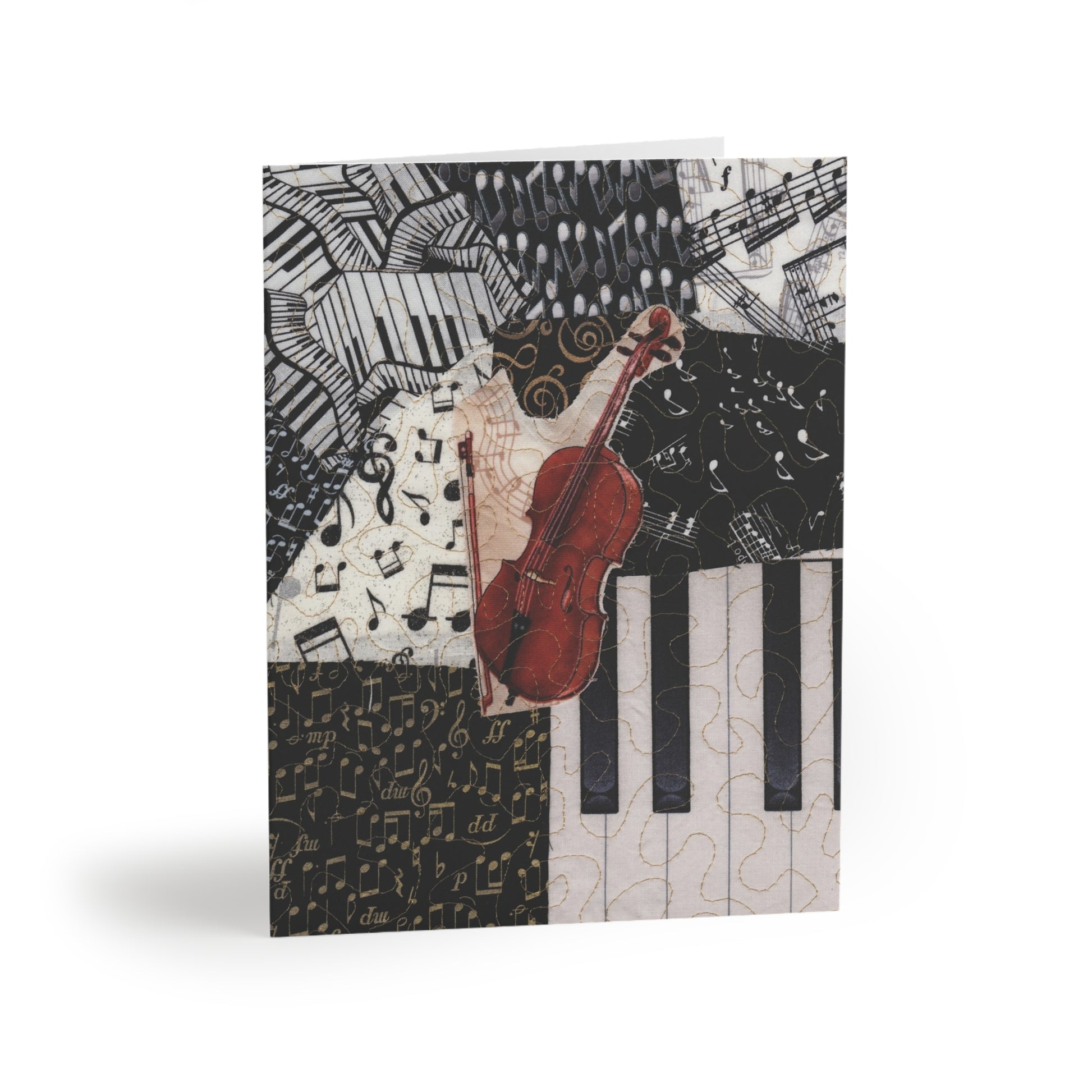 Greeting card with a cello, piano keys, and musical notes design on a white background