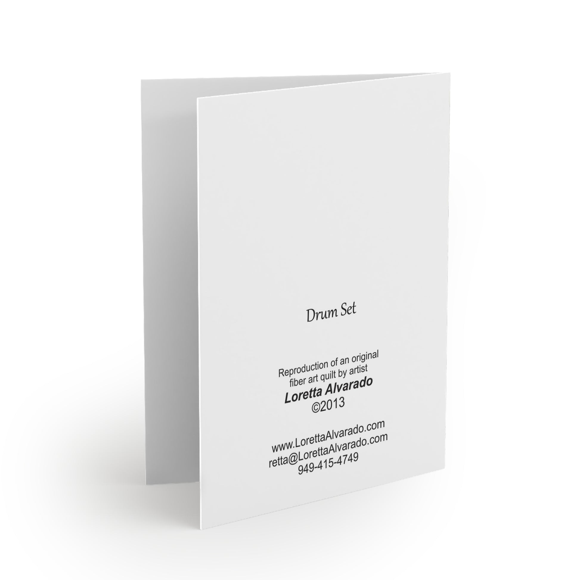Back of greeting card with drum kit musical design