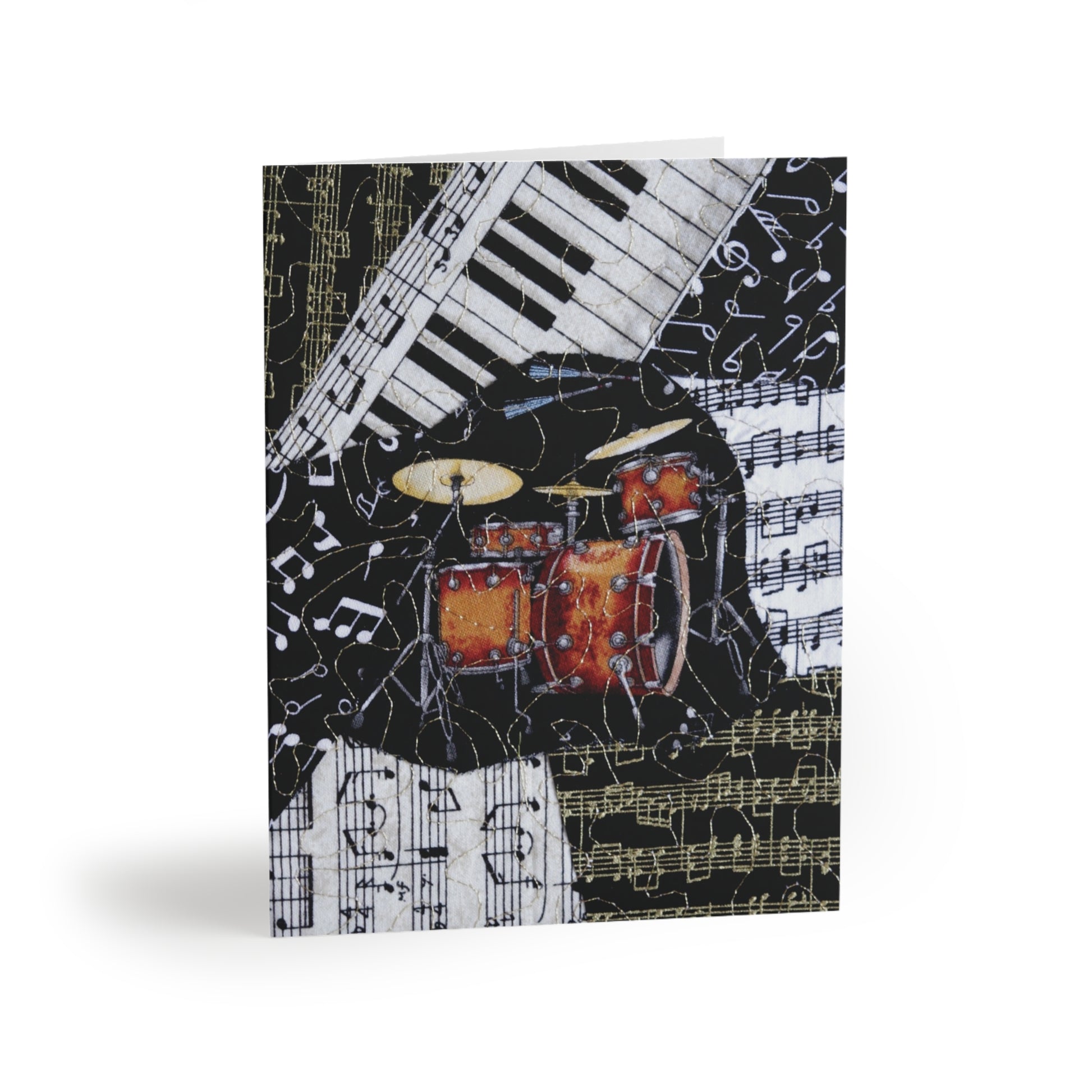 Greeting card with a design of drums and piano keys on a musical note background