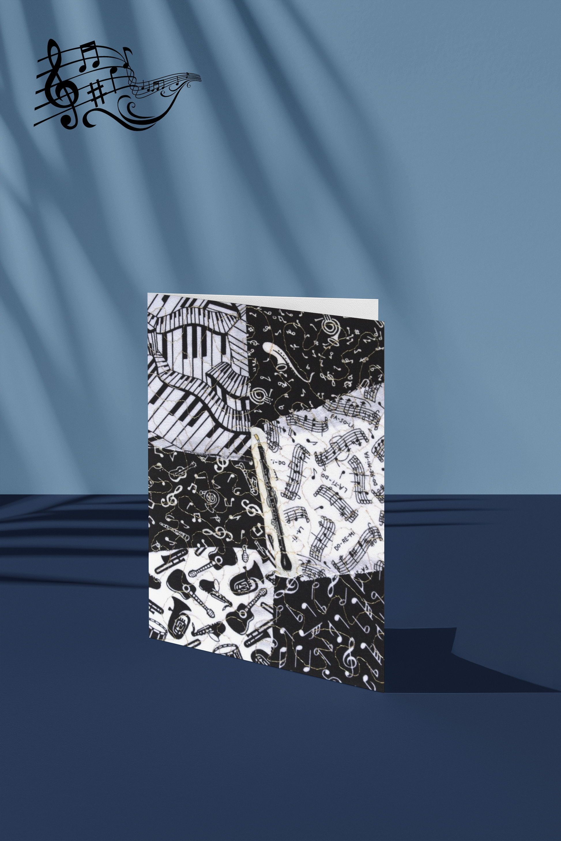 Greeting card with black and white music-themed English horn design