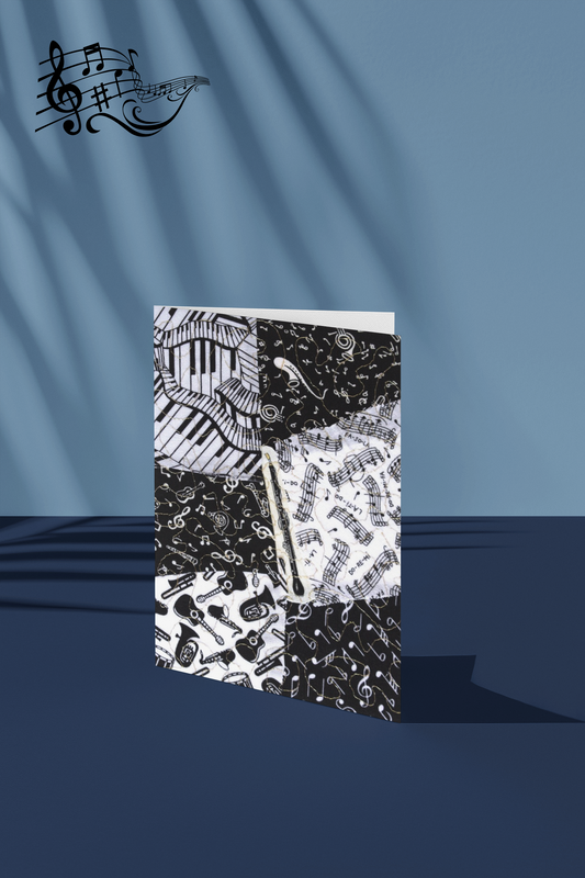 Greeting card with black and white music-themed English horn design