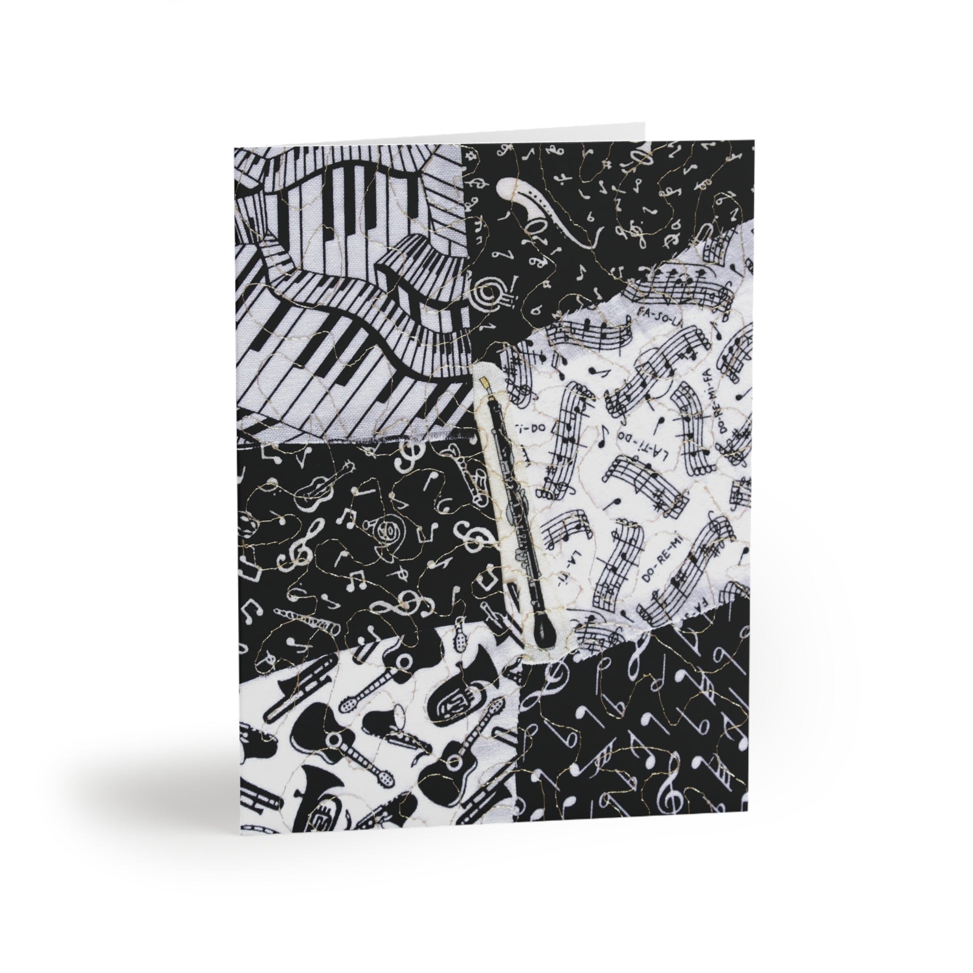 Greeting card with black and white music-themed English horn design