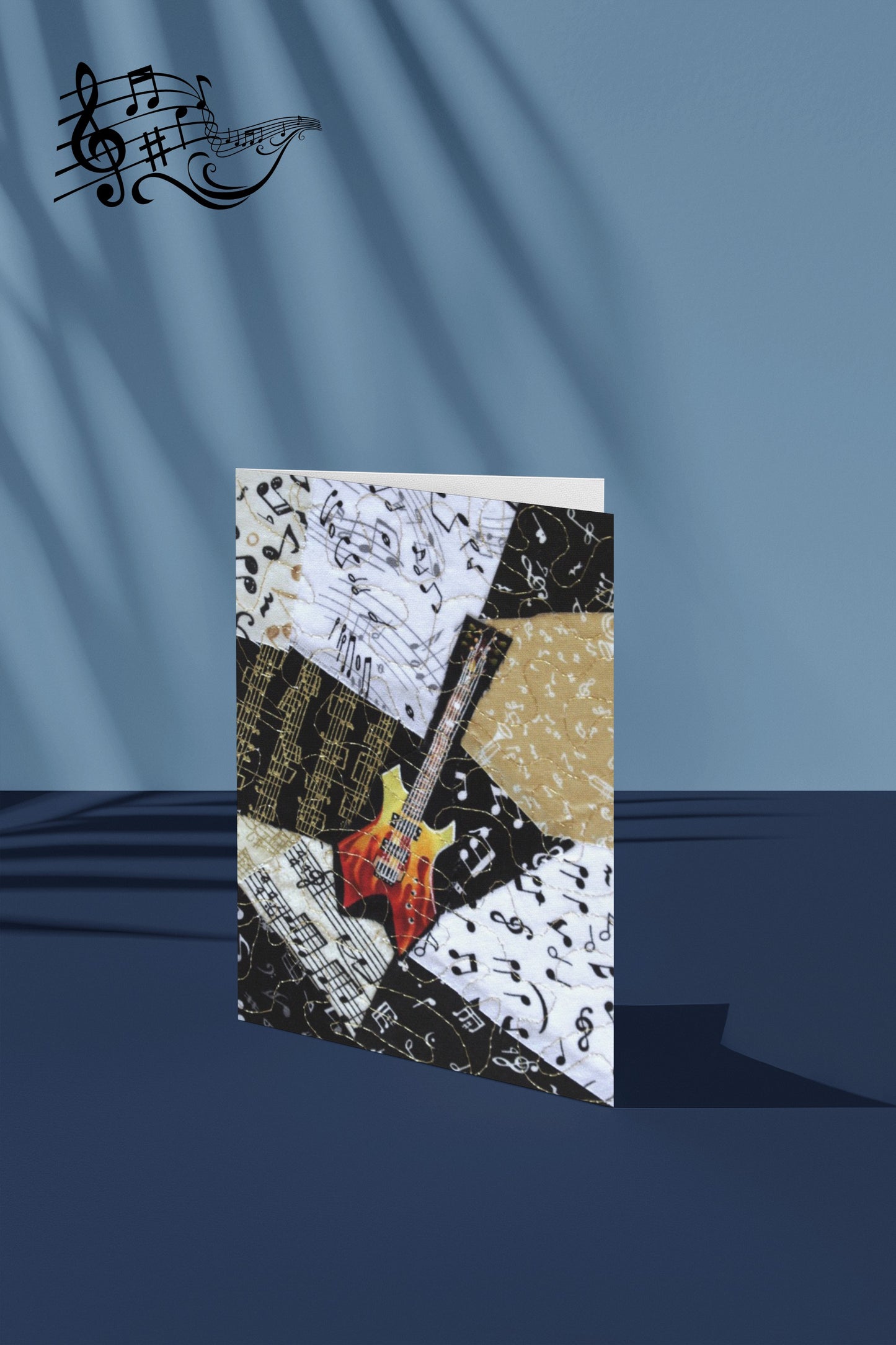 Greeting card with guitar and music notes design on a blue background