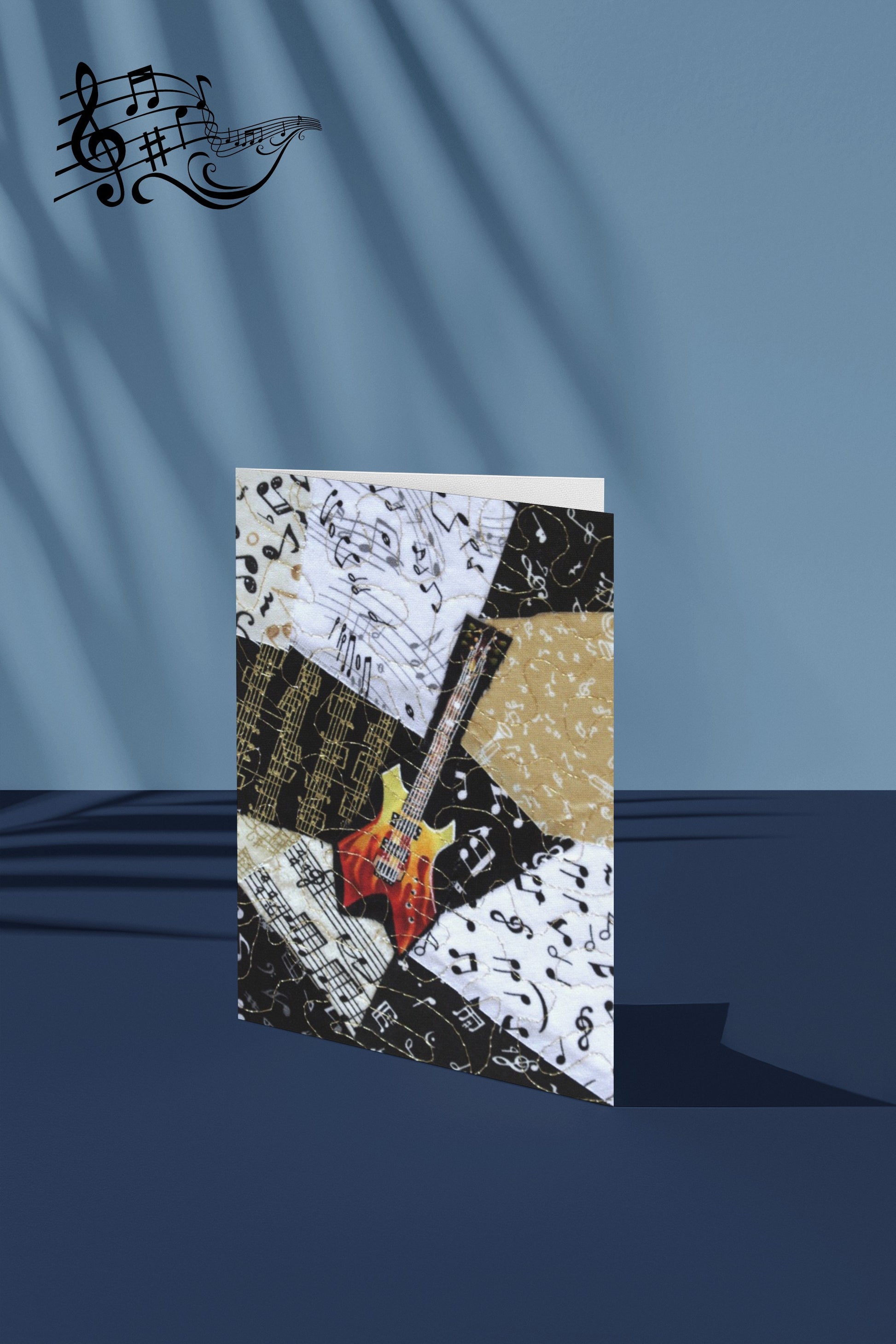 Greeting card with guitar and music notes design on a blue background