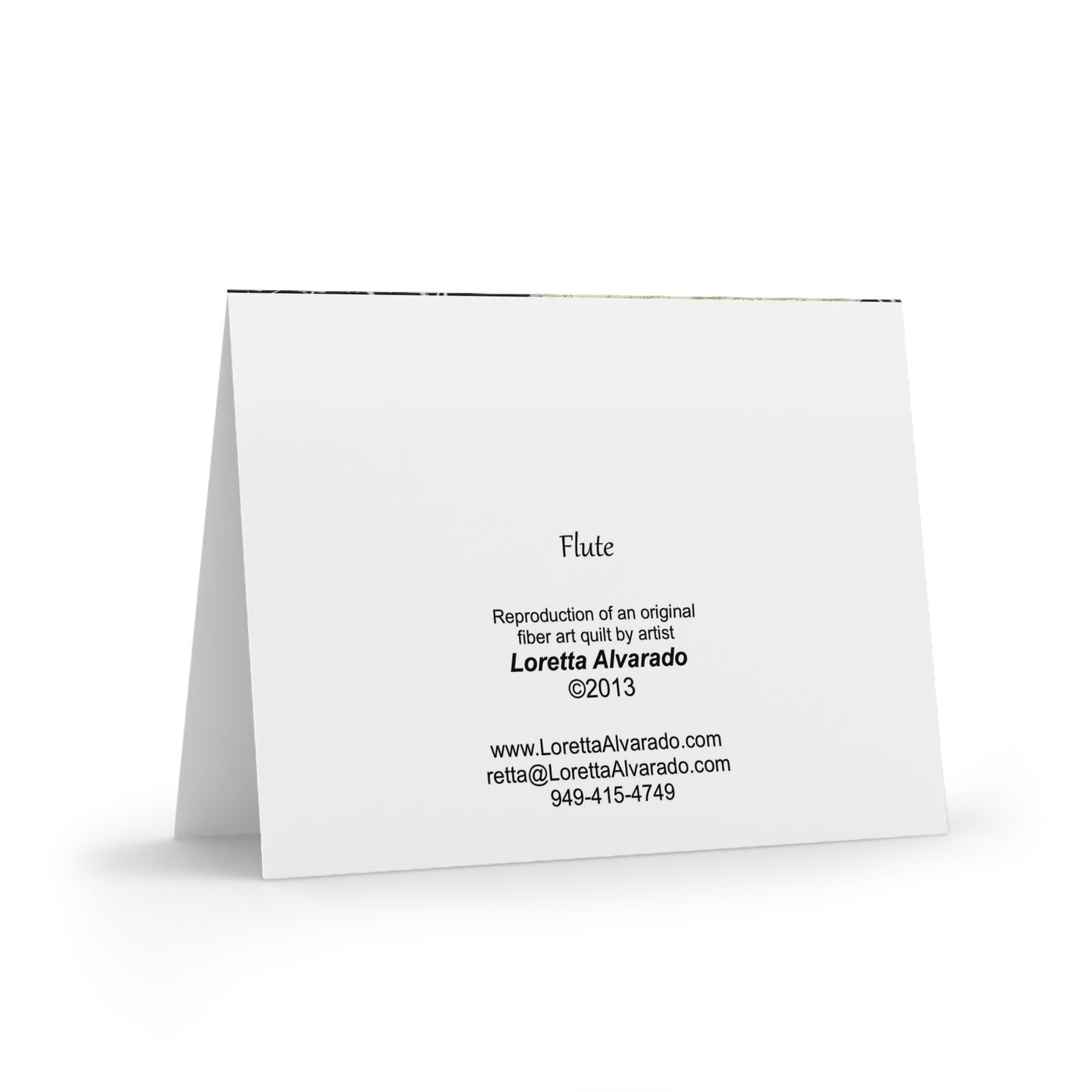 Back of greeting card with music-themed flute design