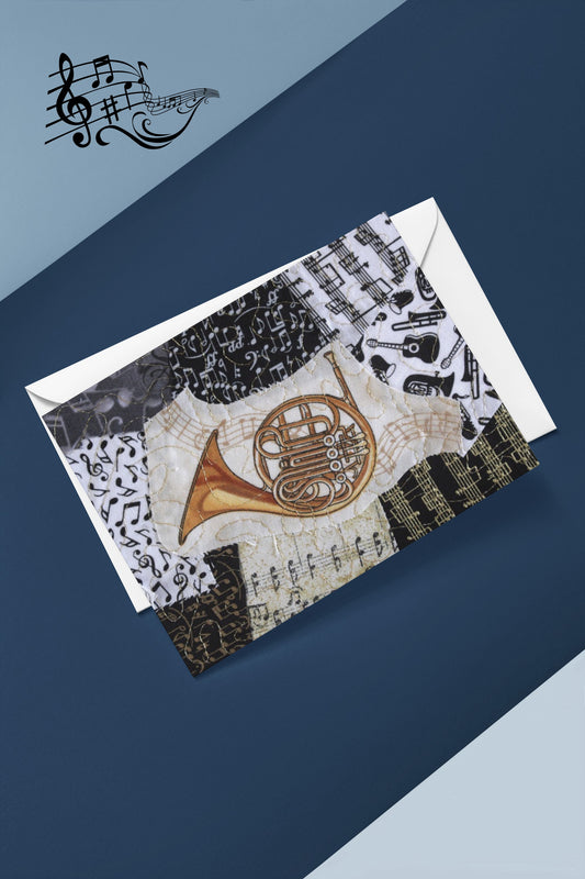 Greeting card with musical design featuring a French horn